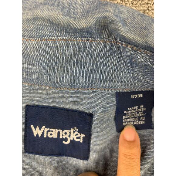 Y2K Wrangler Men's 17x35 Blue Shirt with Western Pearl Snaps‎ Long Sleeve - Picture 3 of 10